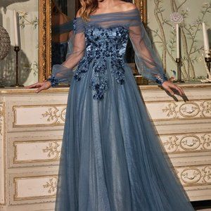 COPY - AZURE COLOR FORMAL EVENING MOTHER OF BRIDE LAYERED TULLE STRAPLESS GOWN …